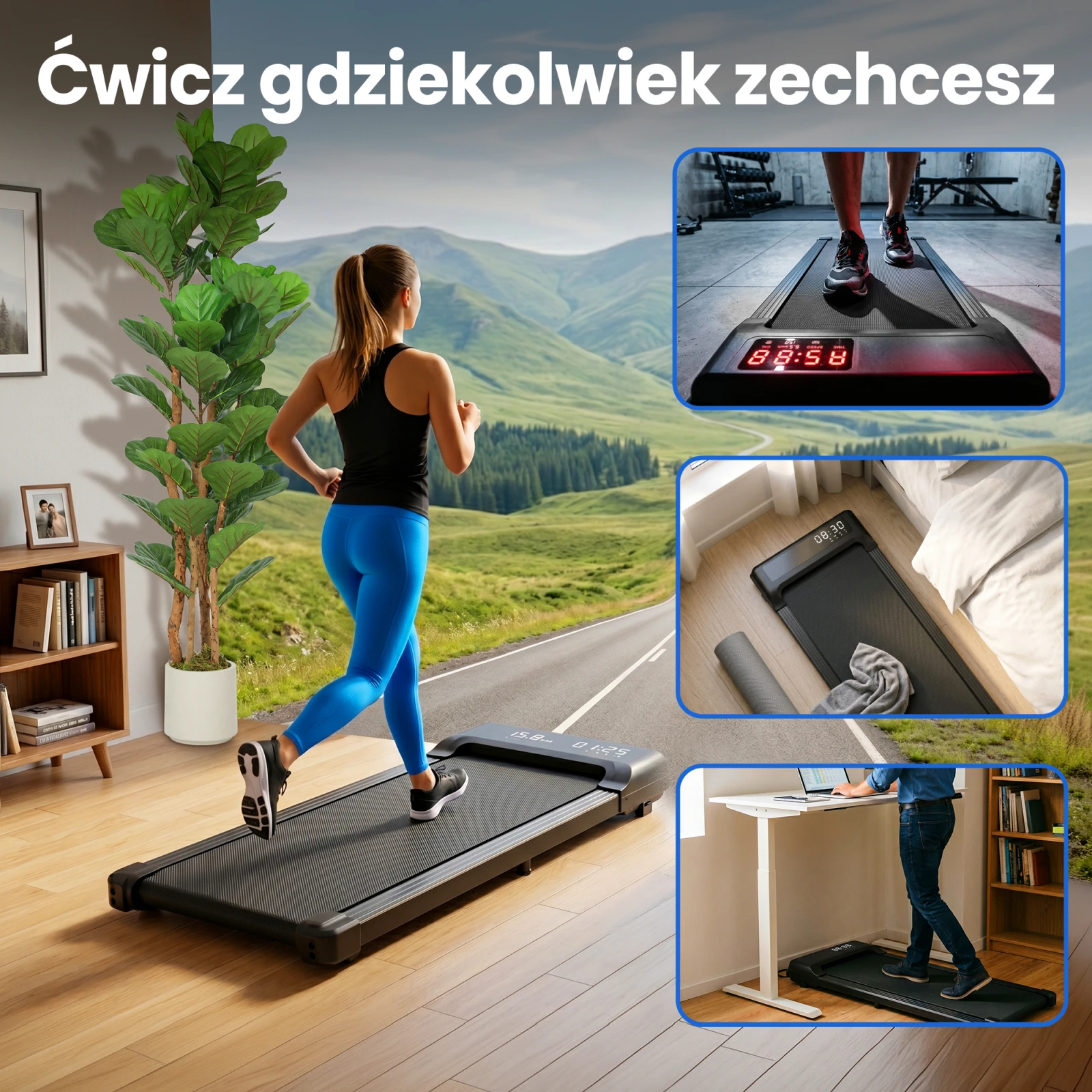 Kobieta biegająca na bieżni w salonie na tle fototapety z górskim krajobrazem oraz mniejsze zdjęcia z użyciem produktu.
