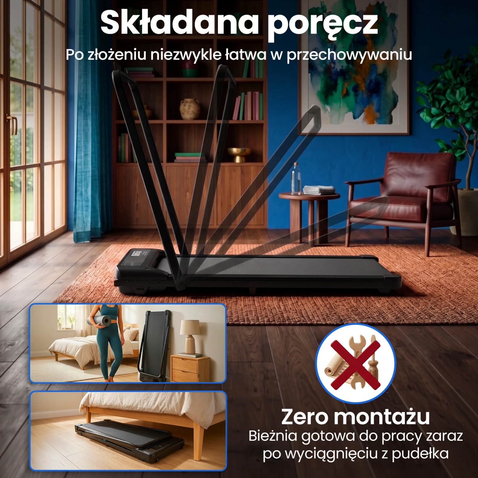 Bieżnia z grafiką pokazującą etapy składania poręczy oraz małe zdjęcia przedstawiające wsuwanie jej pod ł&oacute;żko.