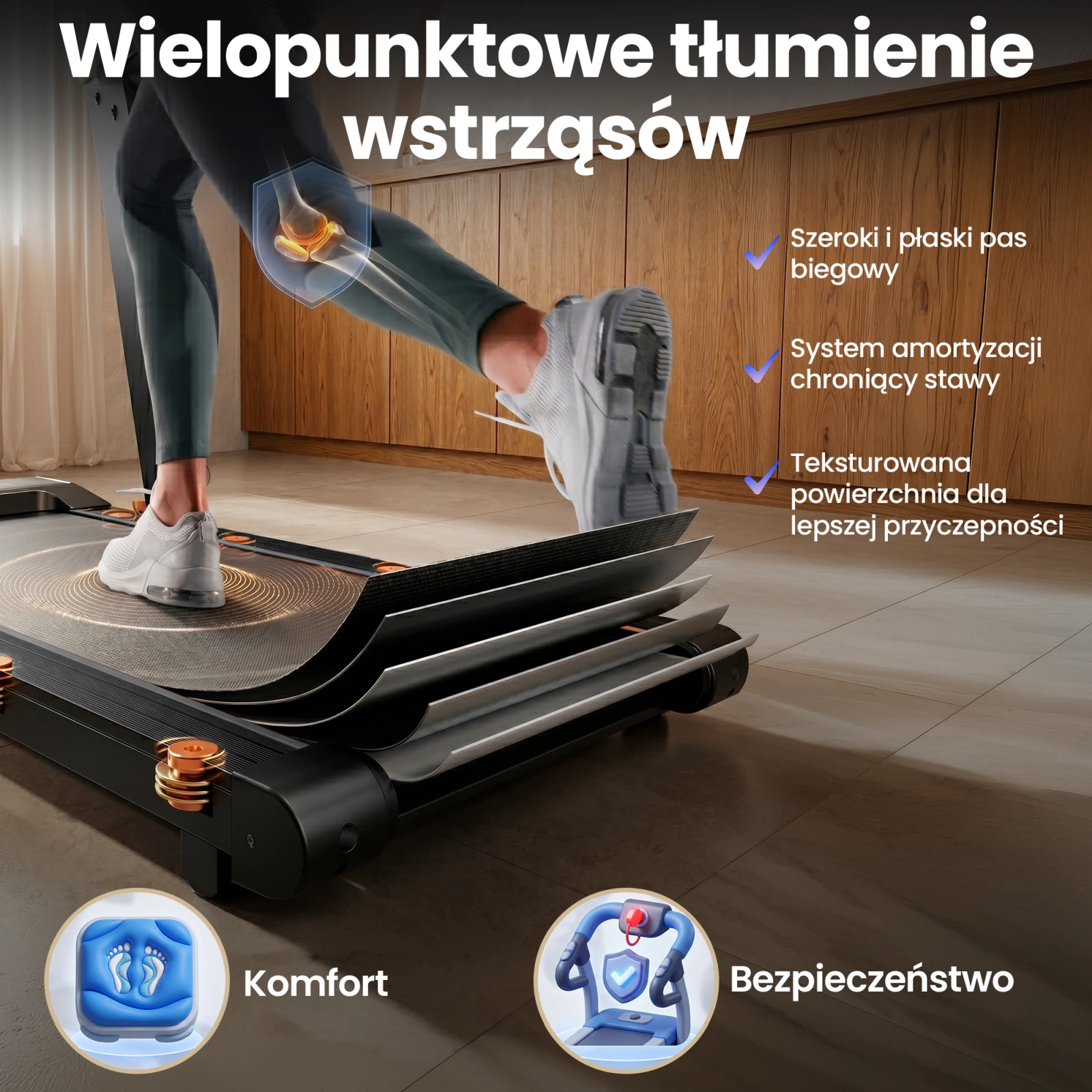 Nogi biegacza na rozwarstwionym pasie bieżni z widocznym podświetlonym schematem anatomicznym stawu kolanowego.