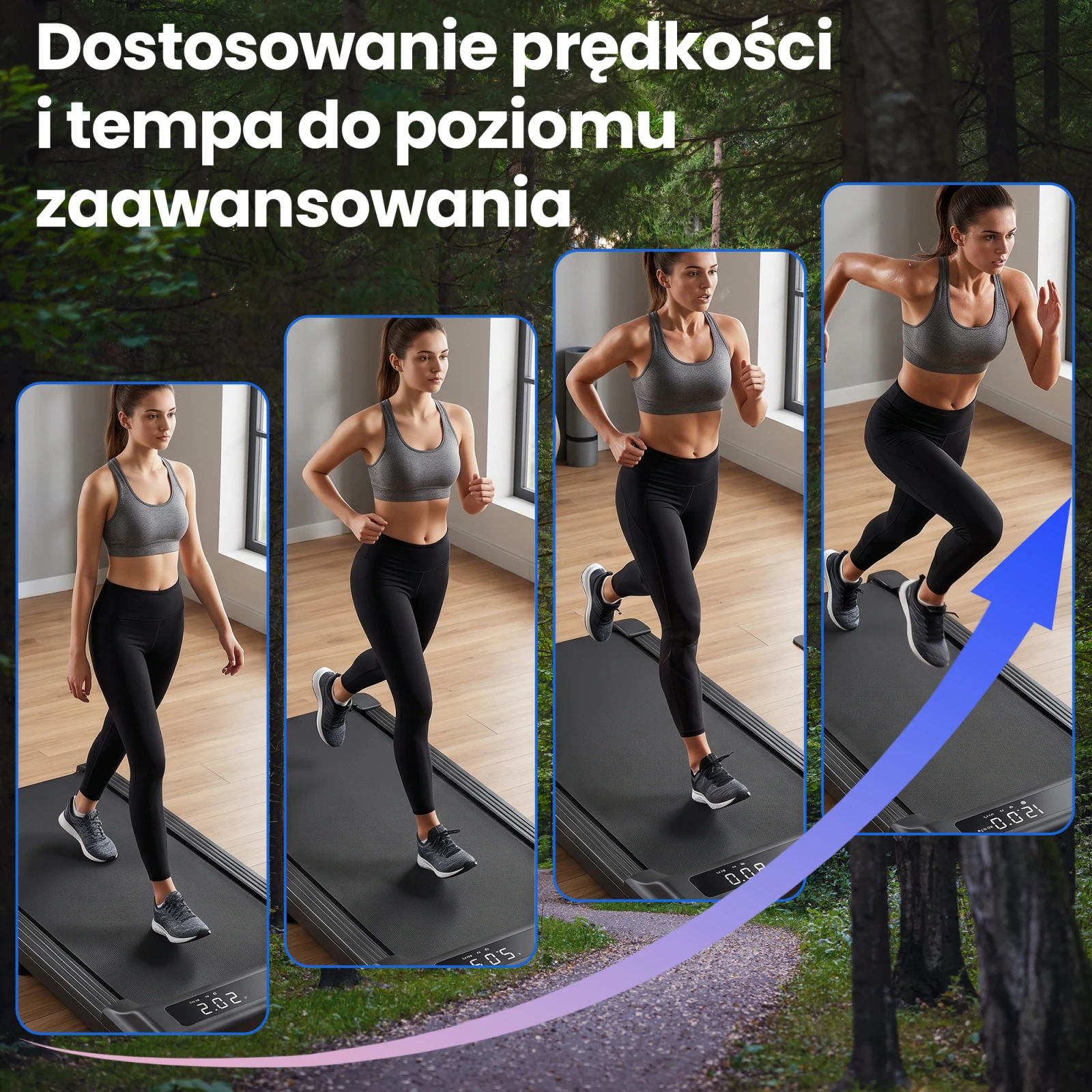 Cztery ujęcia tej samej kobiety przechodzącej od marszu, przez trucht, aż do szybkiego biegu na bieżni.
