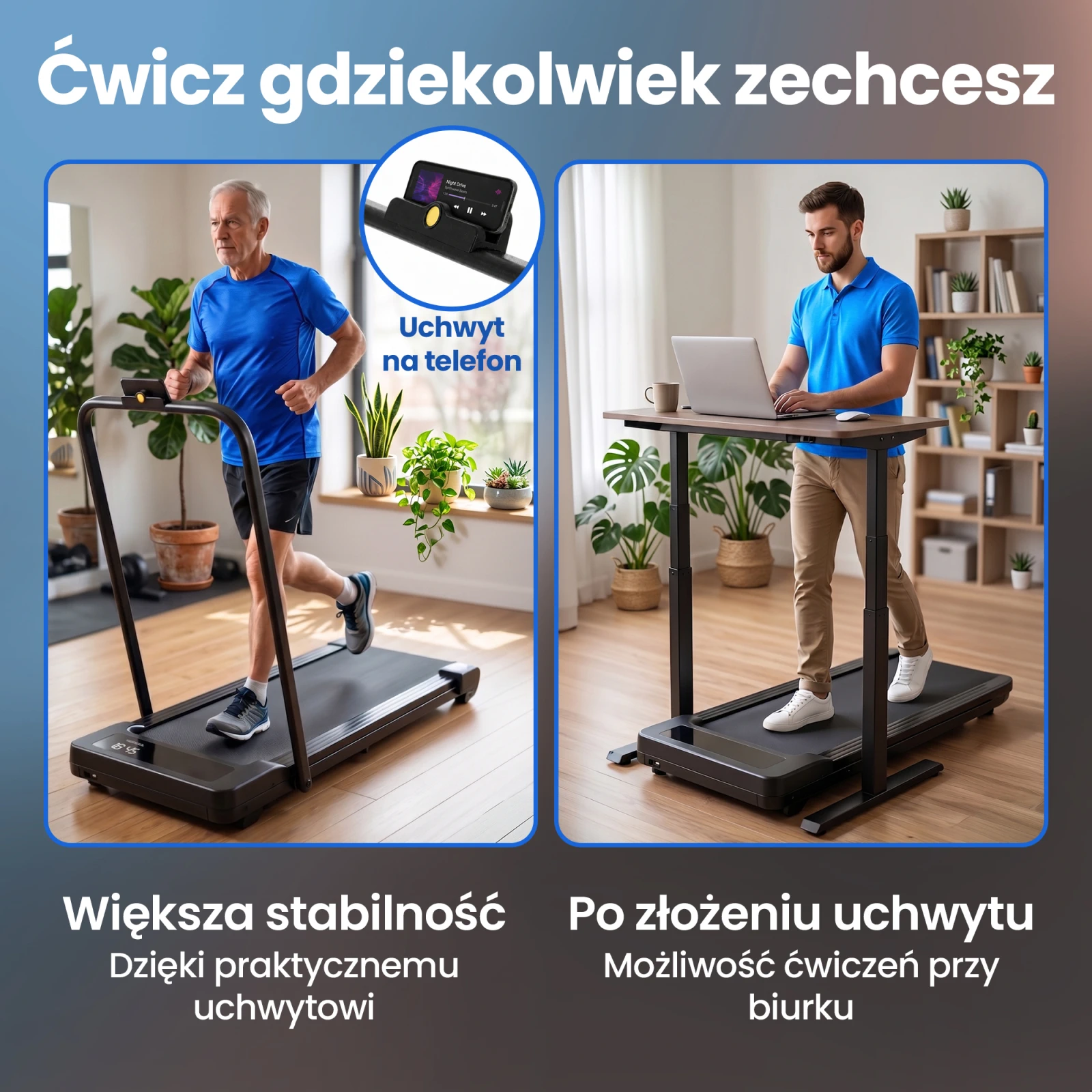 Dwa zdjęcia: starszy mężczyzna biegnący z poręczą oraz młodszy mężczyzna spacerujący na bieżni podczas pracy przy biurku.