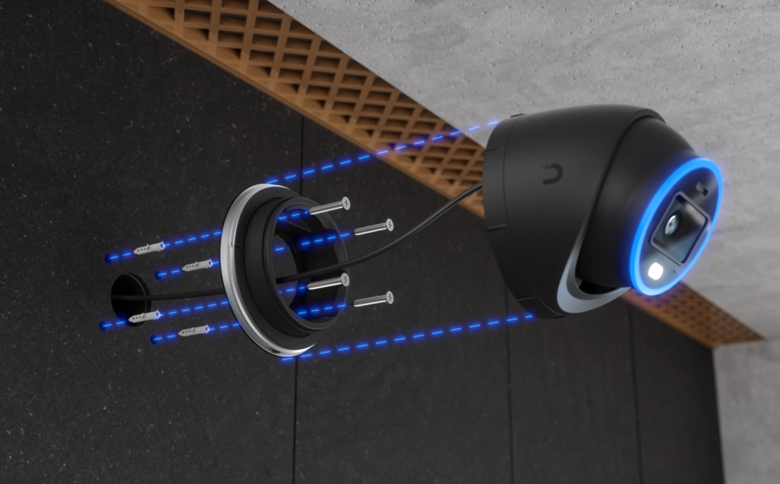 Vidalarla duvara montajı gösteren Ubiquiti UVC-AI-Turret kamera kurulum şeması