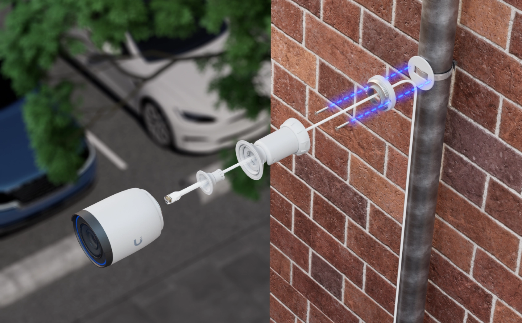 Kamera Ubiquiti UVC-G6 Pro Bullet w trakcie montażu na rurze, z widocznymi akcesoriami montażowymi oraz przewodem