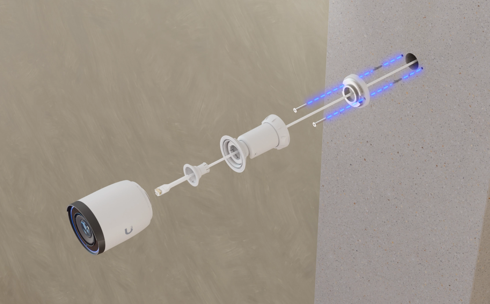 Kamera Ubiquiti UVC-G6 Pro Bullet w trakcie montażu na ścianie. Widać kamerę, przewód i akcesoria montażowe