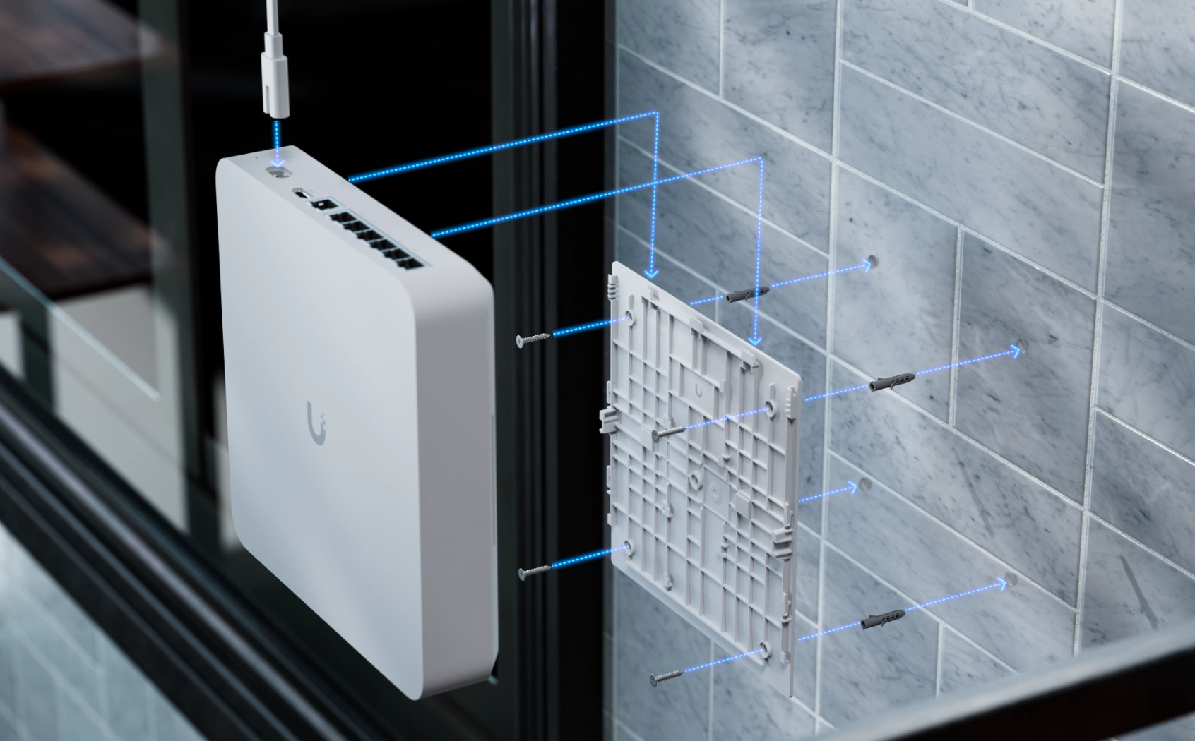 Diagrama do processo de instala&ccedil;&atilde;o do Ubiquiti UNVR Instant, mostrando a instala&ccedil;&atilde;o do dispositivo na parede com parafusos e suporte 
