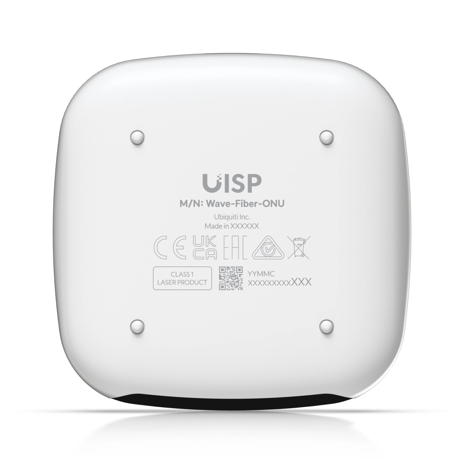 Bottom view of the Ubiquiti Wave Fiber ONU in white, with labels, including model name and certification marks