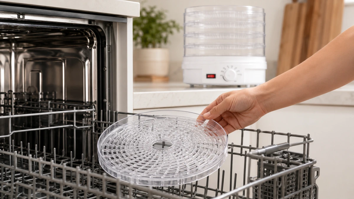 Průhledné síto potravinové sušičky Extralink Home vkládané do myčky.