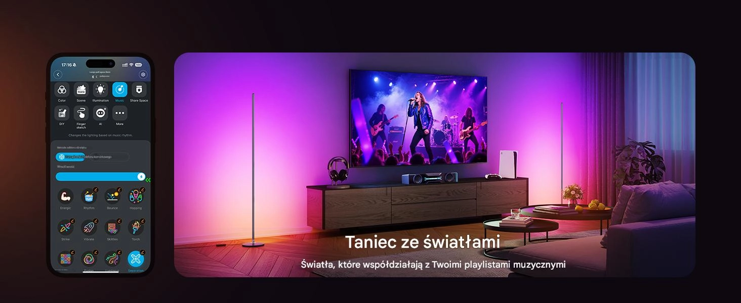 Pokój z lampami Govee H8076 emitującymi fioletowe i różowe światło, zsynchronizowanymi z muzyką na ekranie telewizora, obok interfejs aplikacji sterującej