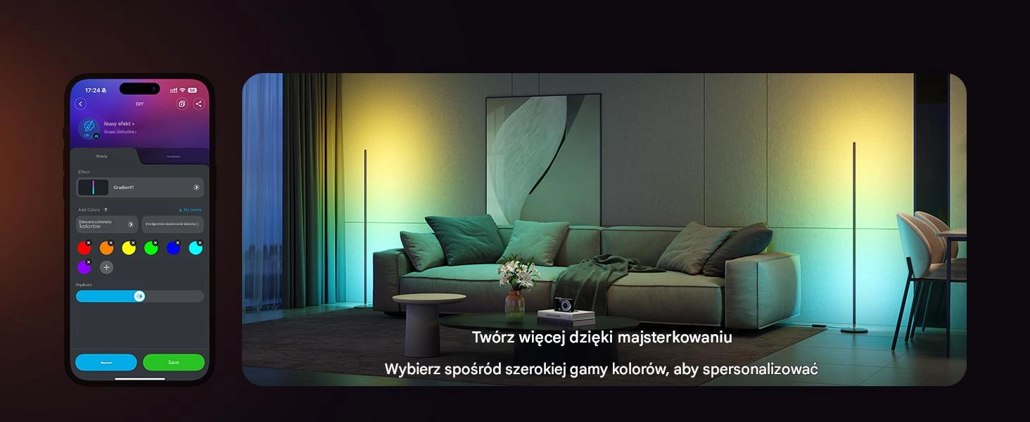 Salon z lampami podłogowymi Govee H8076 świecącymi gradientowym światłem żółto-niebieskim, sterowanymi przez aplikację z szeroką paletą kolorów