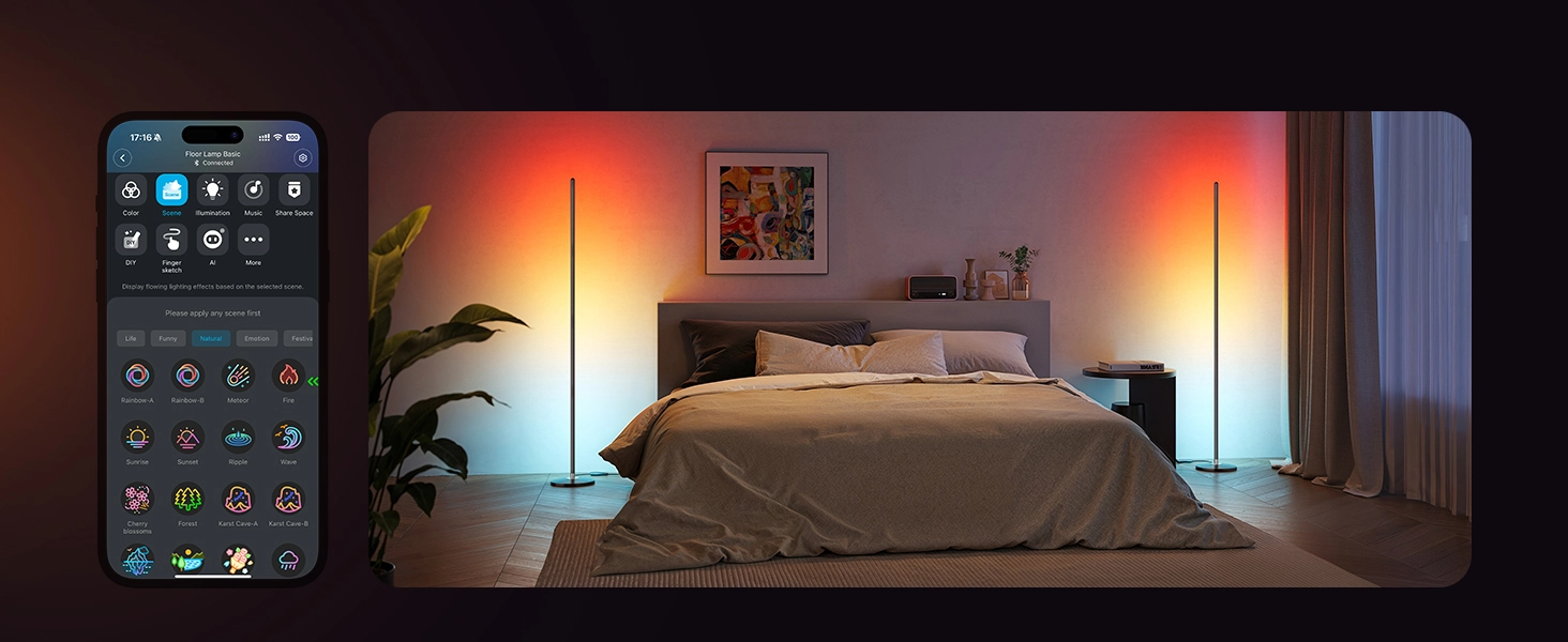 Sypialnia z dwiema lampami podłogowymi Govee H8076 Floor Lamp Lite świecącymi ciepłym pomarańczowym i chłodnym niebieskim światłem, sterowanymi z aplikacji na smartfonie