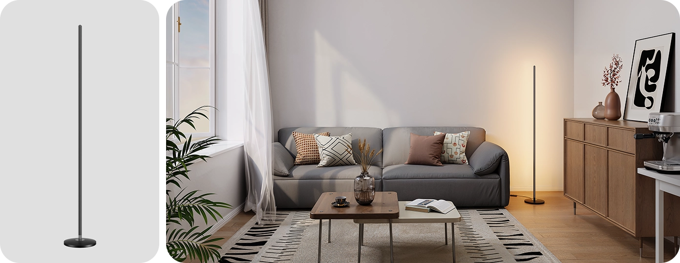 Zbliżenie na smukłą, czarną lampę podłogową Govee H8076 o minimalistycznym designie, obok zdjęcie lampy w jasnym salonie oświetlającej ścianę ciepłym światłem