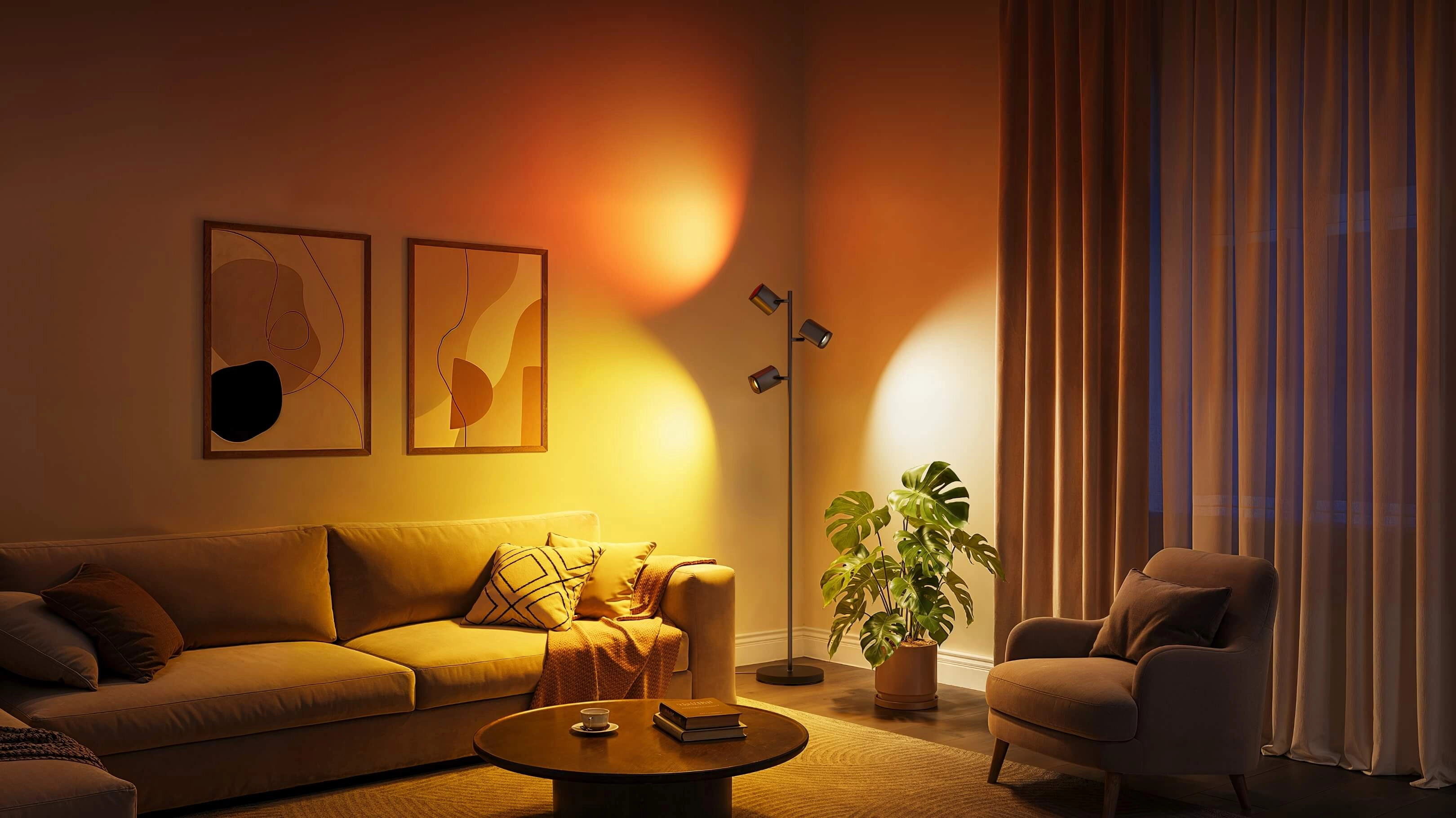 Przytulny salon z lampą podłogową Govee H60B2 oświetlającą ścianę w odcieniach żółci i pomarańczu, obok beżowej sofy, fotela i rośliny doniczkowej