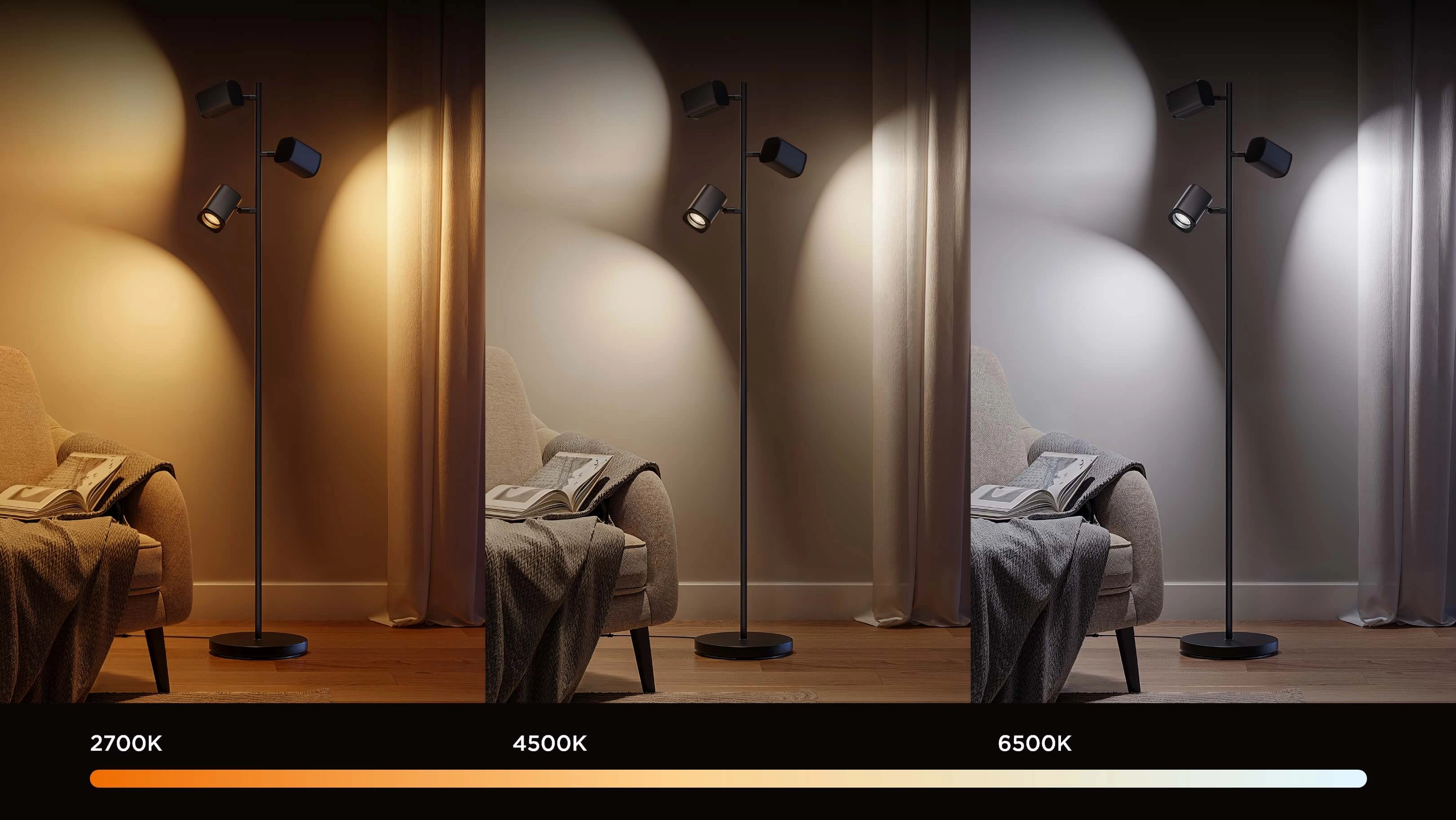 Trzy wersje oświetlenia lampy podłogowej Govee H60B2, pokazujące różne temperatury barwowe: ciepłe 2700K, neutralne 4500K i zimne 6500K