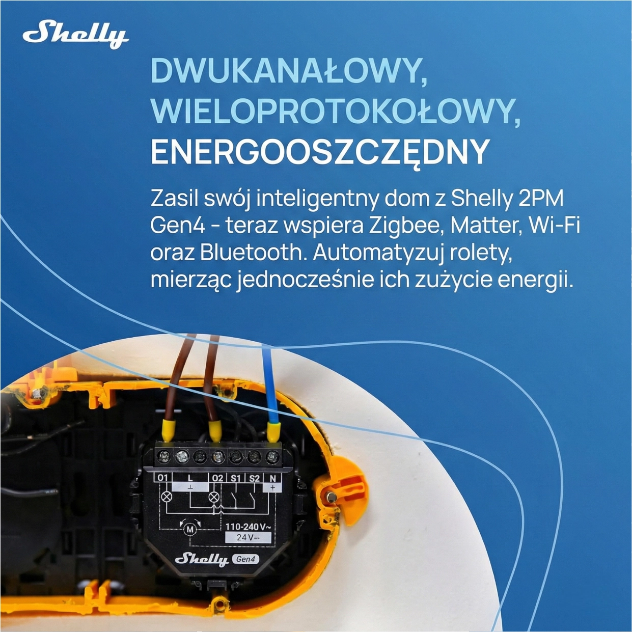 Moduł Shelly 2PM Gen4 osadzony w puszce instalacyjnej, widoczne zaciski i podłączone przewody zasilania
