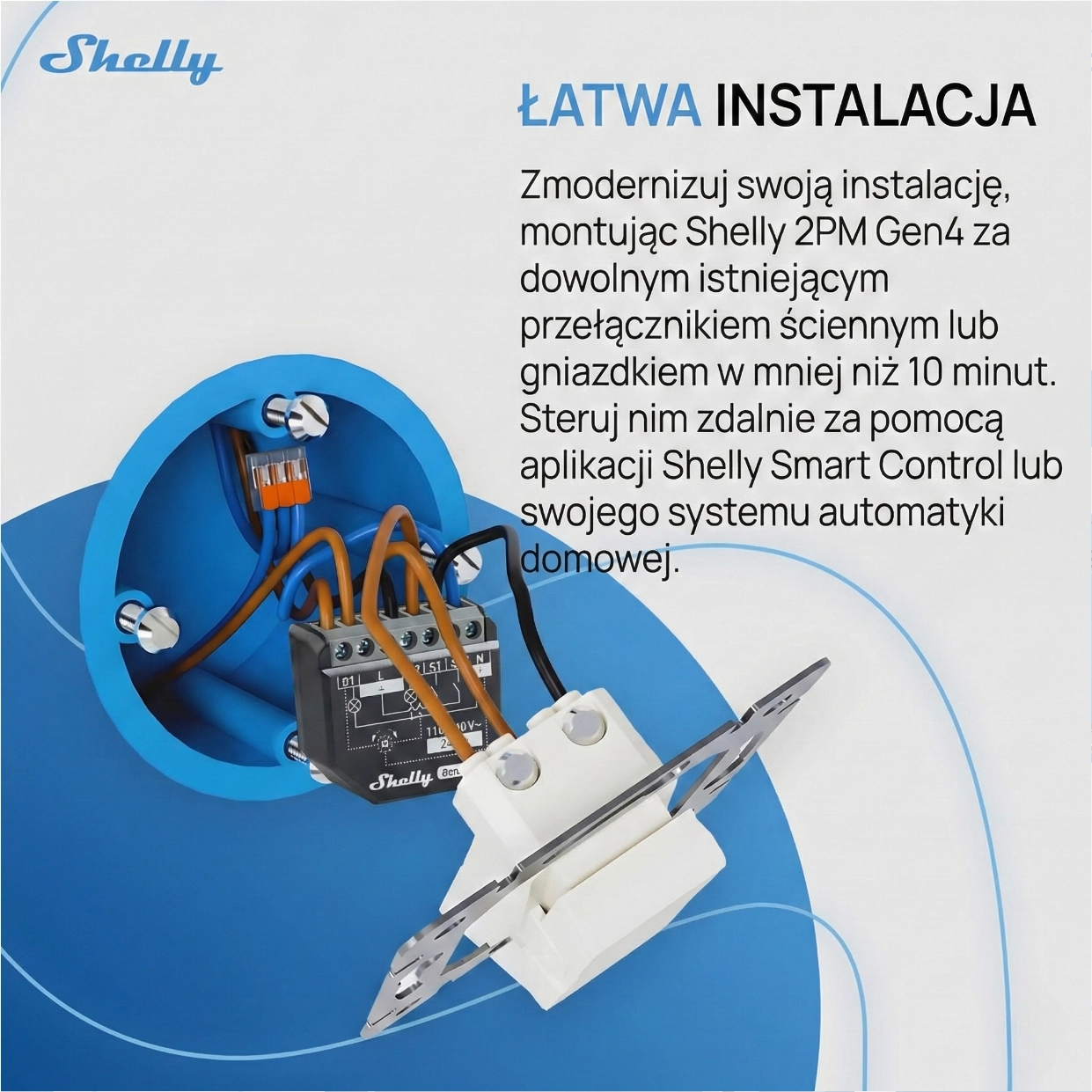 Moduł Shelly 2PM Gen4 zamontowany w puszce podtynkowej, podłączony przewodami do przełącznika ściennego