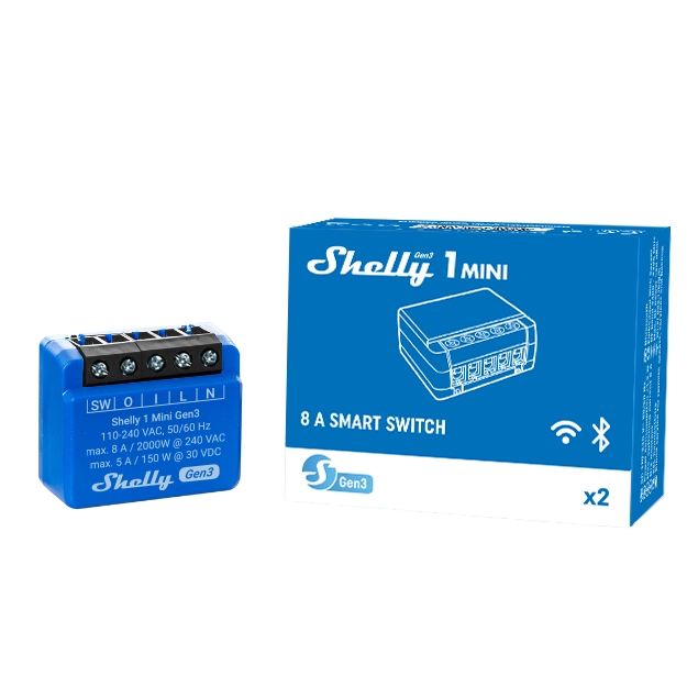 Moduł Shelly 1 Mini Gen3 w niebieskiej obudowie, wraz z opakowaniem i specyfikacją techniczną