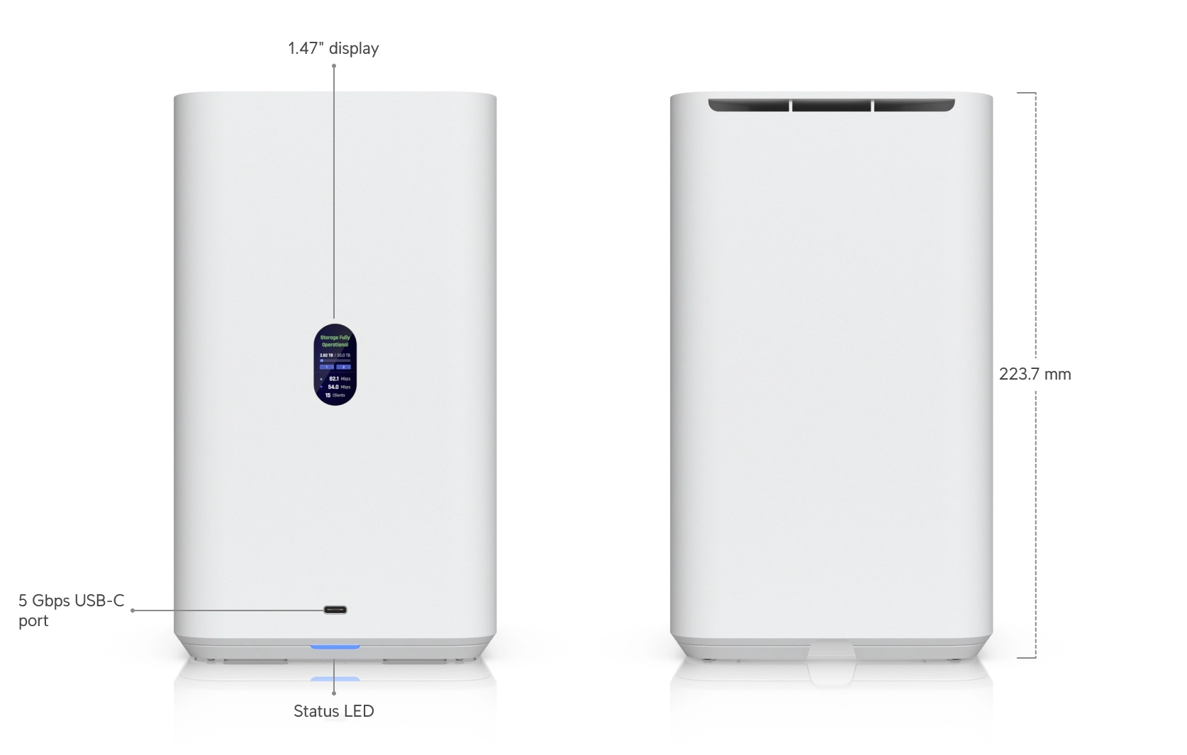 Ubiquiti UNAS 2 z wyświetlaczem i portem USB-C, przedstawiony z przodu z podświetlonym niebieskim LED. Obudowa urządzenia jest biała, z oznaczeniem stanu na wyświetlaczu