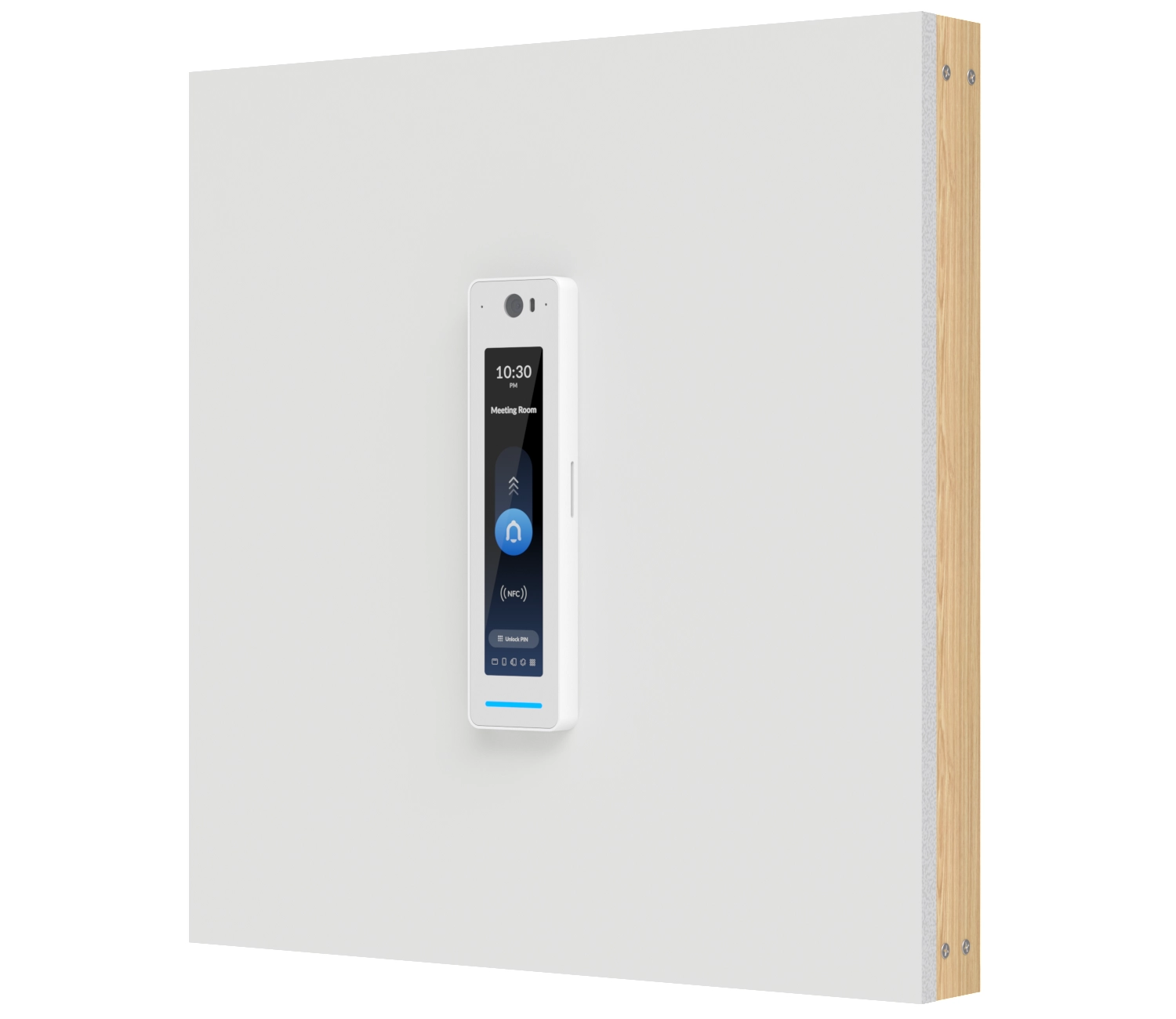 Переговорное устройство Ubiquiti UA-G3 Pro установлено на белой стене, отображает время и название