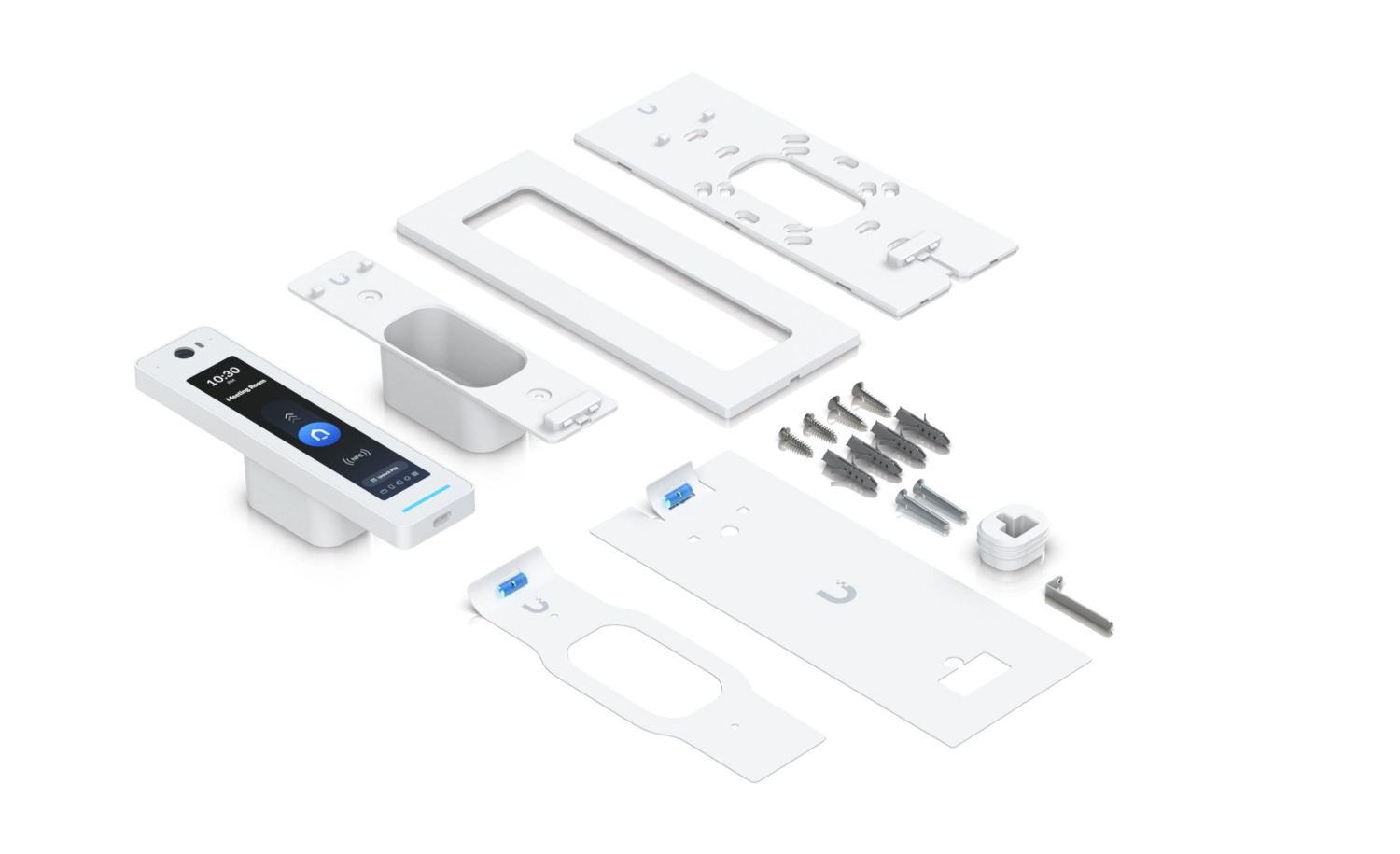 Монтажный комплект Ubiquiti UA-G3 Pro Intercom включает в себя кронштейны, винты и корпус для настенной установки