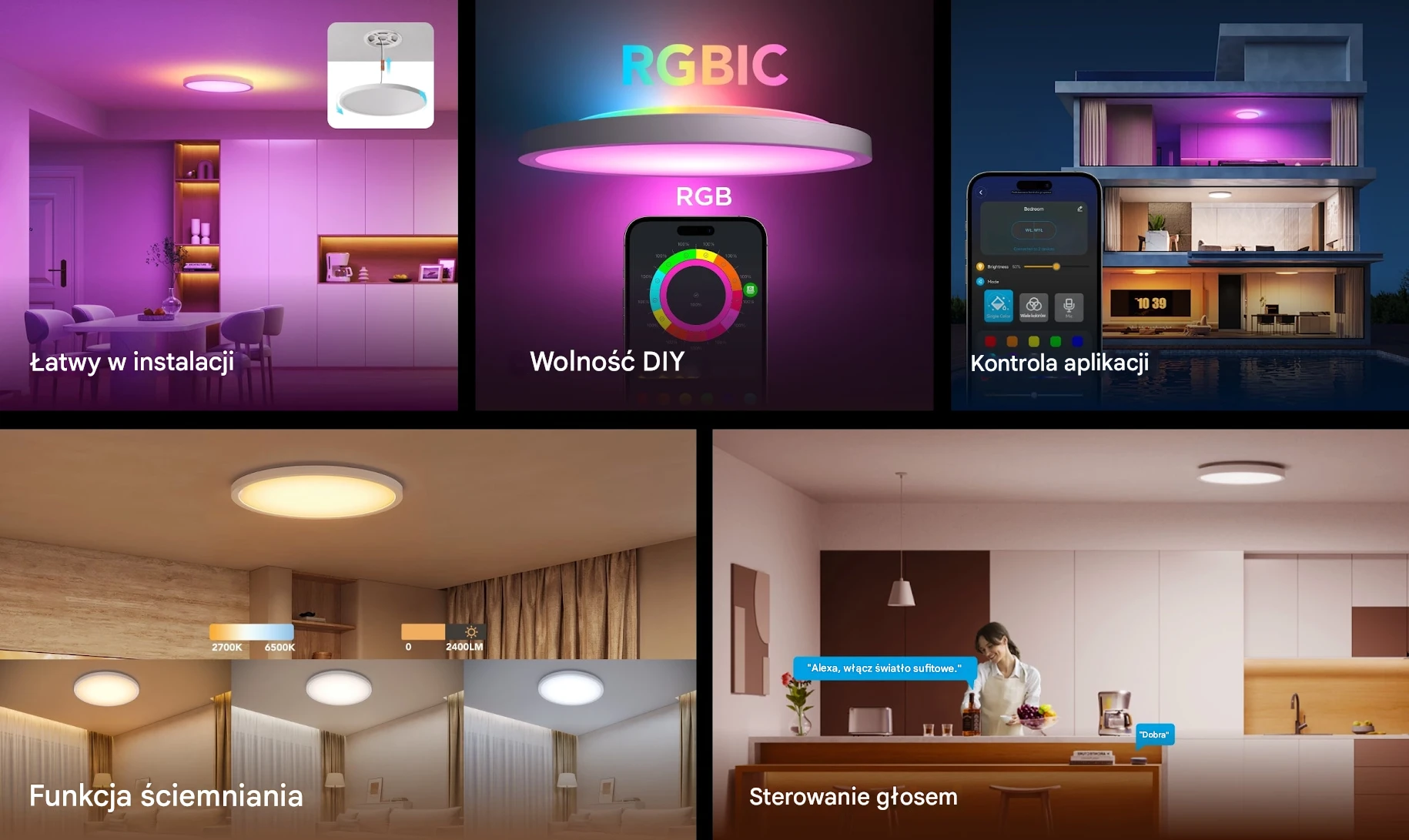 Zestaw grafik przedstawiających funkcje lampy sufitowej LED Govee H80A1, takie jak łatwa instalacja, tryb RGBIC, sterowanie aplikacją, ściemnianie i obsługa głosowa