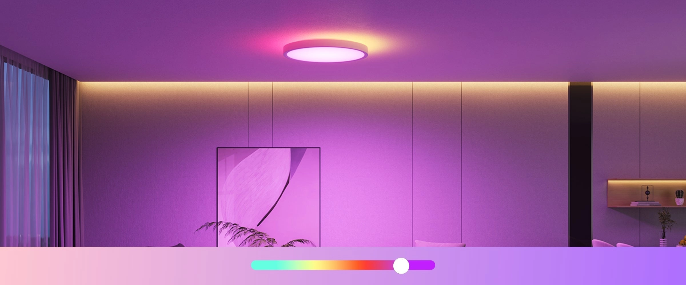Lampa sufitowa LED Govee H80A1 świecąca r&oacute;żowo-fioletowym światłem w nowoczesnym salonie, z suwakiem regulacji barwy u dołu obrazu