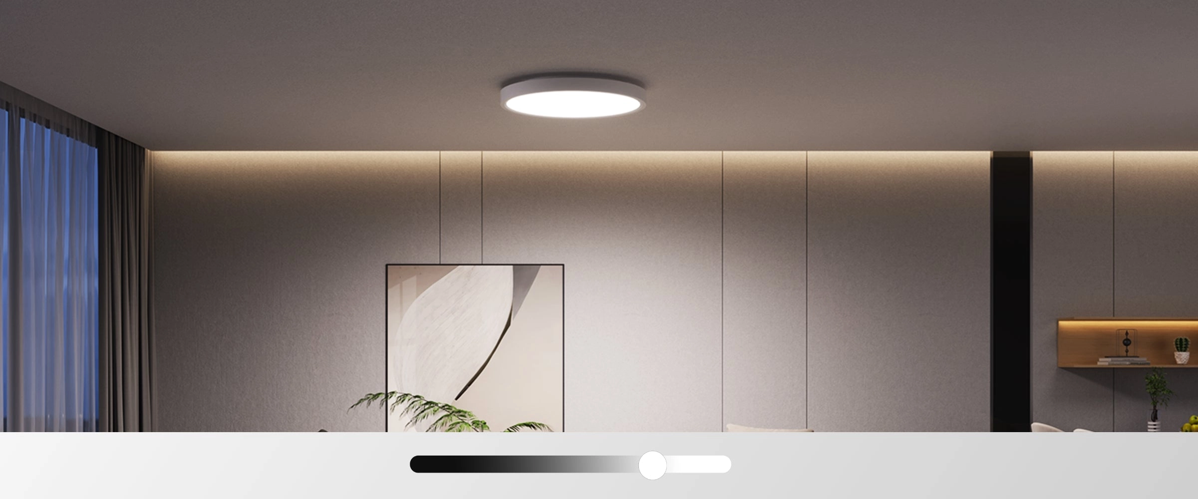 Lampa sufitowa LED Govee H80A1 emitująca chłodne białe światło w jasnym, minimalistycznym wnętrzu, z suwakiem regulacji jasności u dołu
