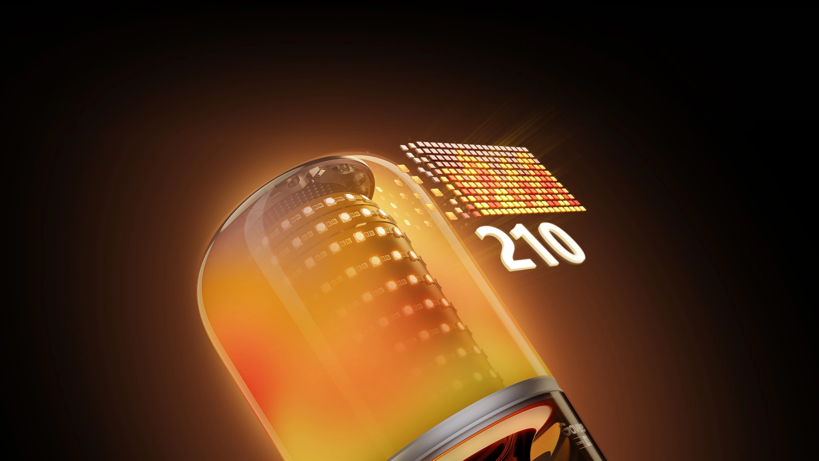 Zbliżenie na wnętrze lampy LED Govee H6020 Table Lamp 2 Pro, z widocznymi rzędami 210 świecących diod w ciepłych barwach pomarańczowo-żółtych