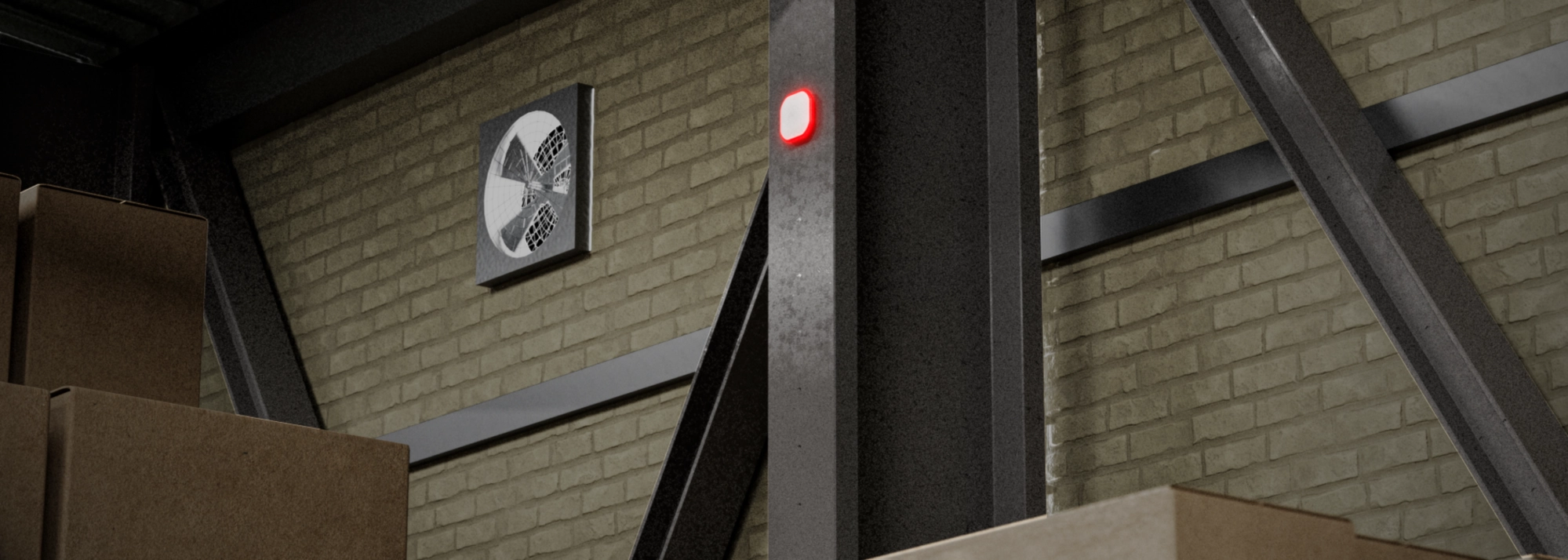 На складе на стальном столбе видна Ubiquiti UP-Siren PoE, подсвеченная красным светом.