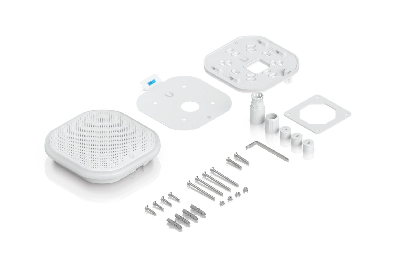 Монтажный комплект Ubiquiti UP-Siren PoE включает в себя корпус, пластины, распорки и набор винтов