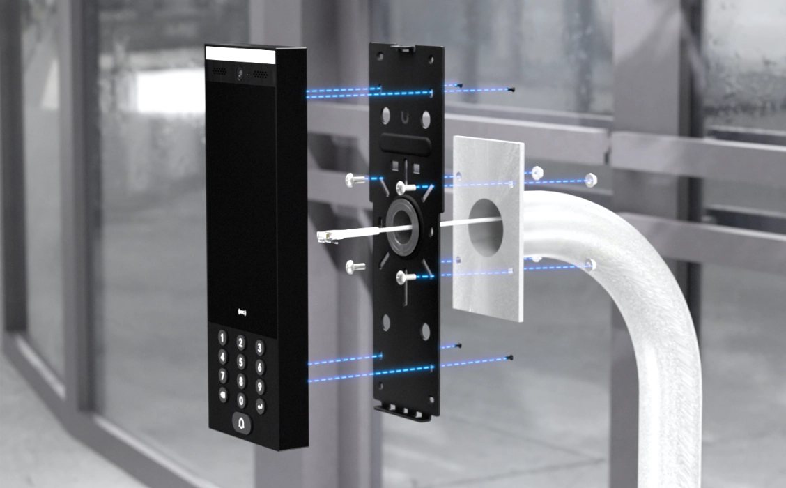 Grande plano do Ubiquiti UA-G3 Intercom mostrando os botões numéricos e as opções de entrada, visíveis de lado