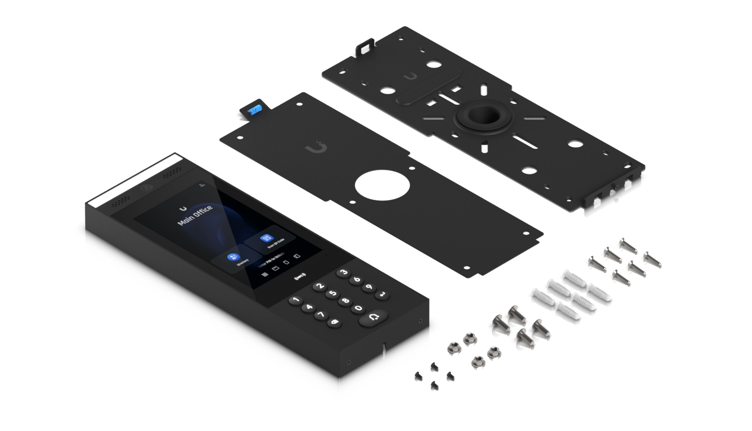 Ubiquiti UA-G3 Intercom em kit de montagem, com ecrã e acessórios de instalação visíveis incluídos