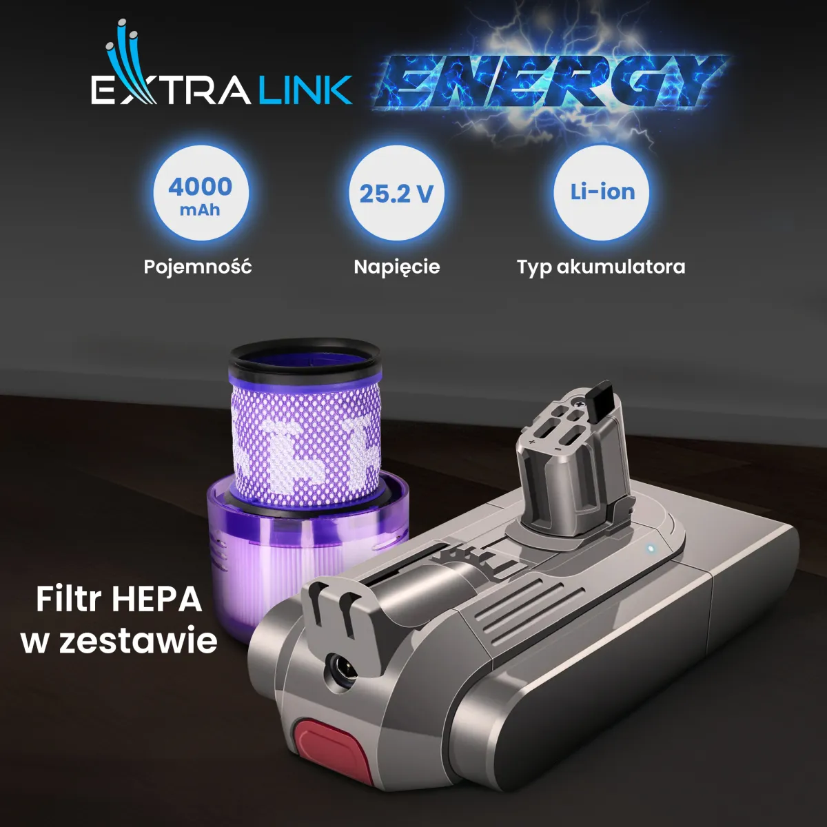 Bateria Extralink para aspirador Dyson, filtro HEPA e aspirador vertical sem fio em fundo escuro