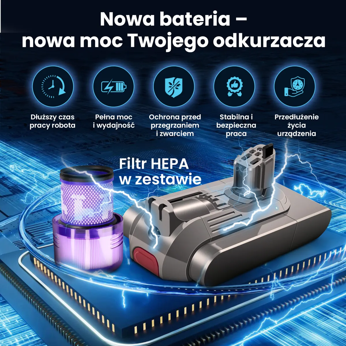 Bateria substituível para aspirador e filtro HEPA roxo em fundo de placa-mãe iluminada com ícones de vantagens