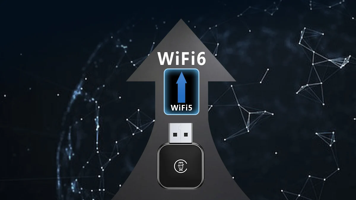 Адаптер Carplay android auto с технологией Wi-Fi 6, со стрелкой, символизирующей обновление по сравнению с Wi-Fi 5