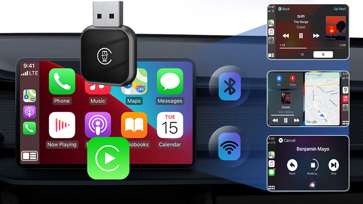 Адаптер CarPlay M2 выводит экран телефона с приложениями, музыкой и картами на дисплей автомобиля