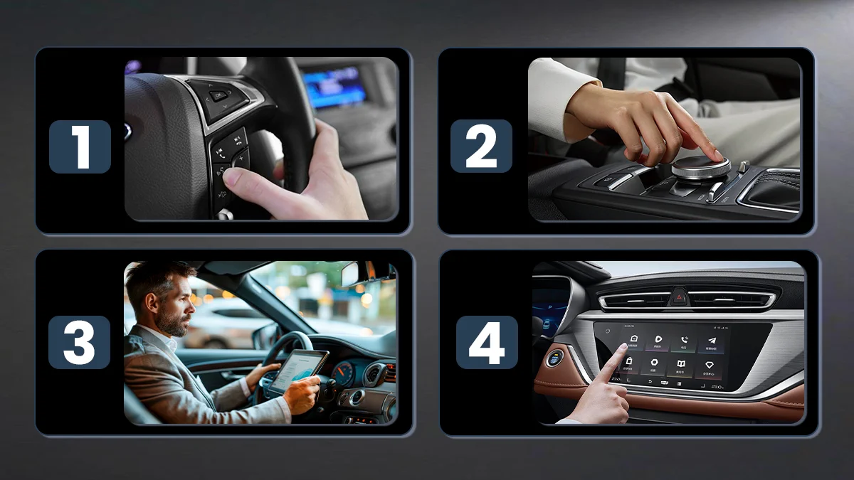Четыре панели, показывающие использование адаптера CarPlay: управление на руле, поворотный контроллер, сенсорный экран и во время движения