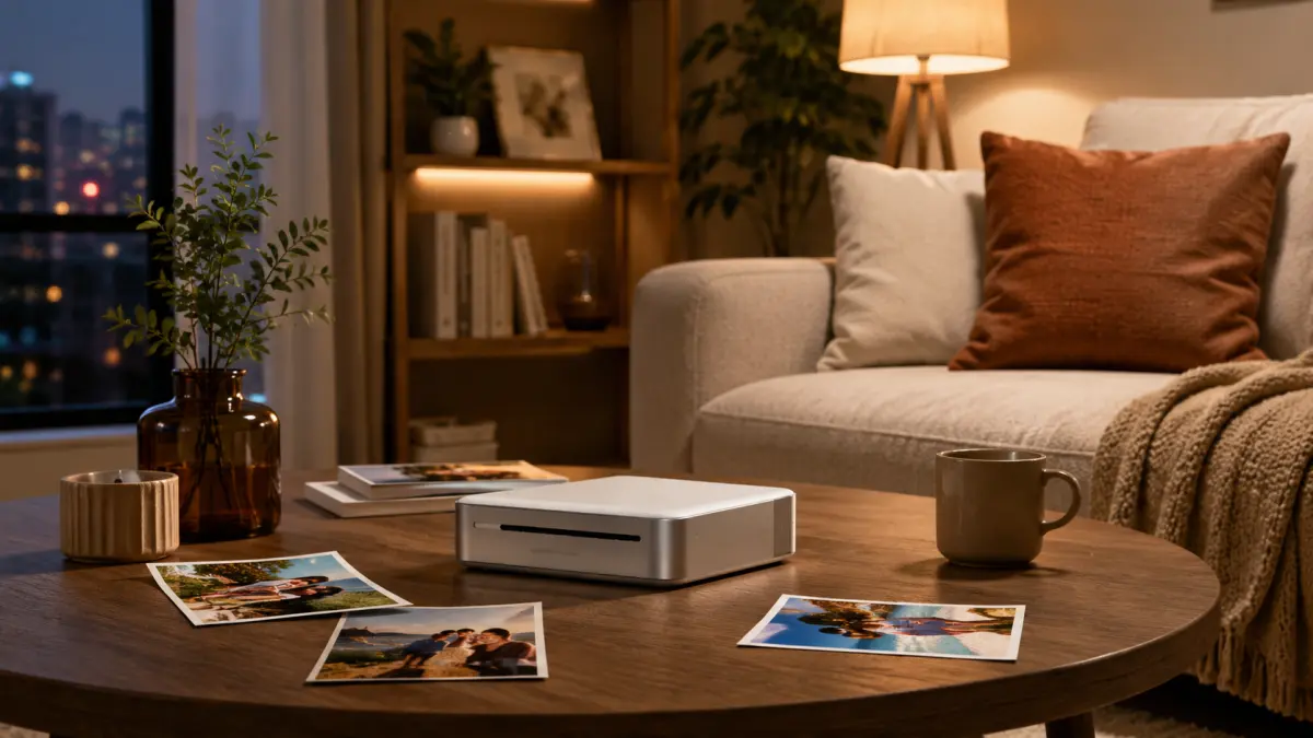 Impressora fotográfica compacta Xiaomi sobre uma mesa com fotos impressas na sala de estar