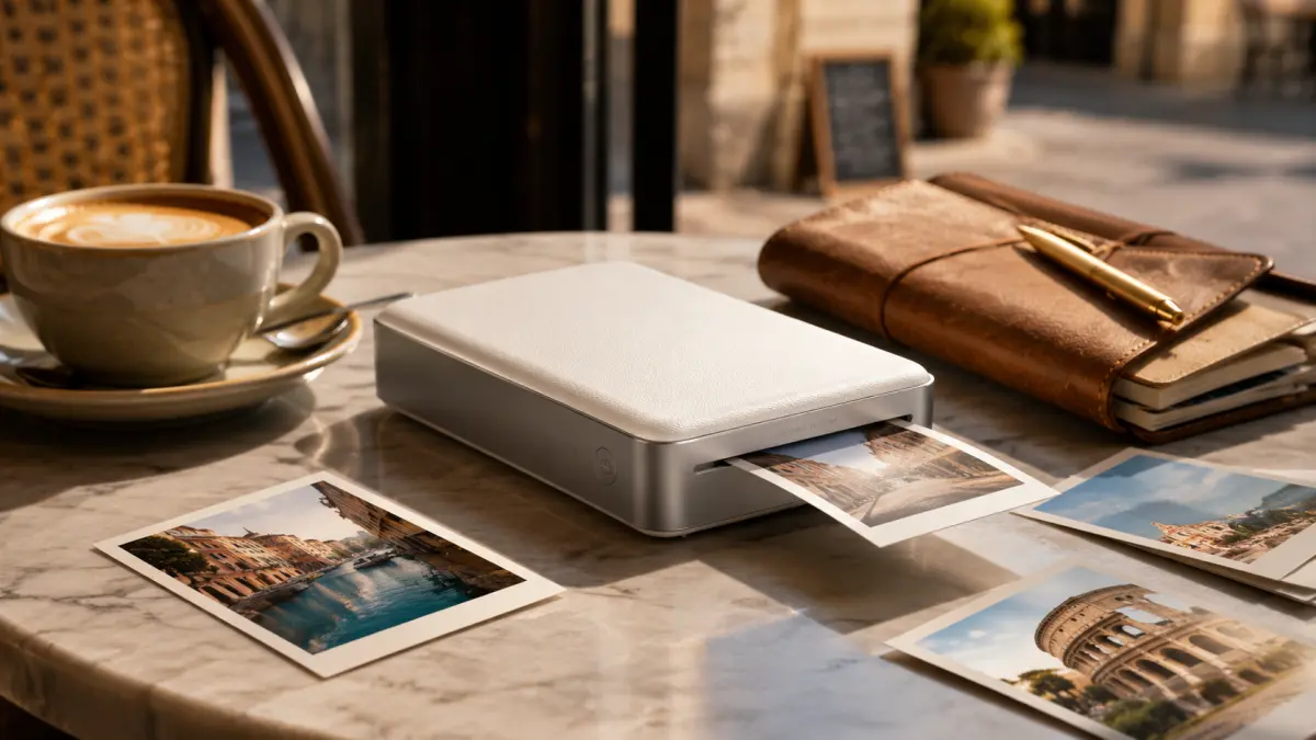 Impressora Xiaomi com uma foto a sair e fotografias sobre uma mesa de mármore