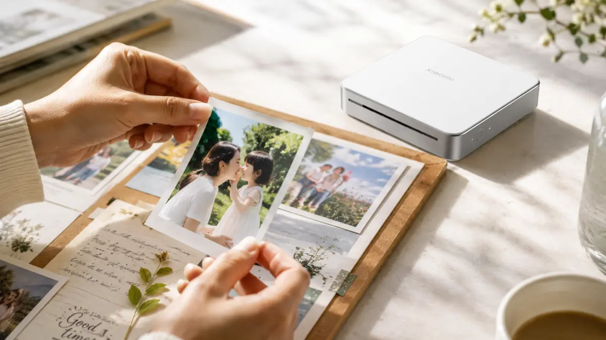 Impressora fotográfica Xiaomi ao lado de um álbum de fotos e de uma mão a segurar uma fotografia
