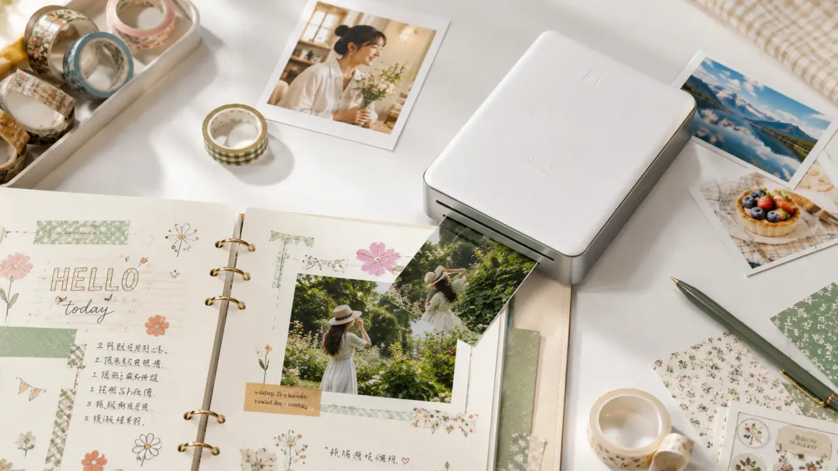 Impressora Xiaomi junto a um álbum criativo com fotos impressas sobre uma secretária branca