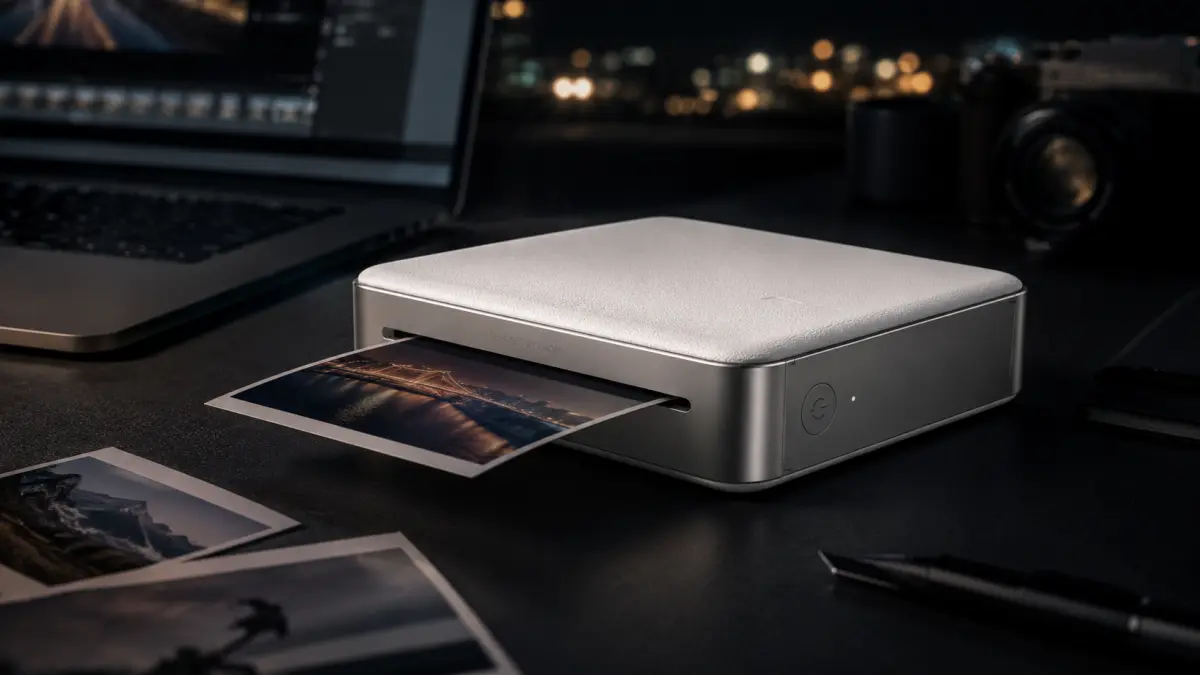 Impressora Xiaomi a imprimir uma foto sobre uma secretária escura ao lado de um portátil e fotografias