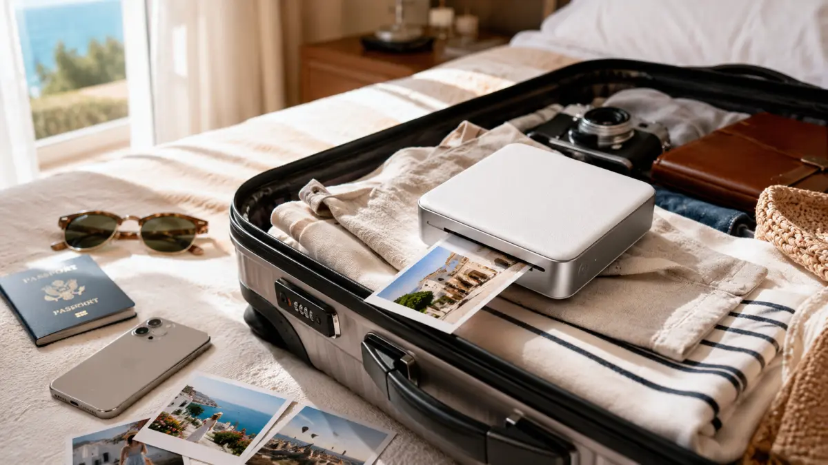 Impressora portátil Xiaomi numa mala de viagem com fotos impressas