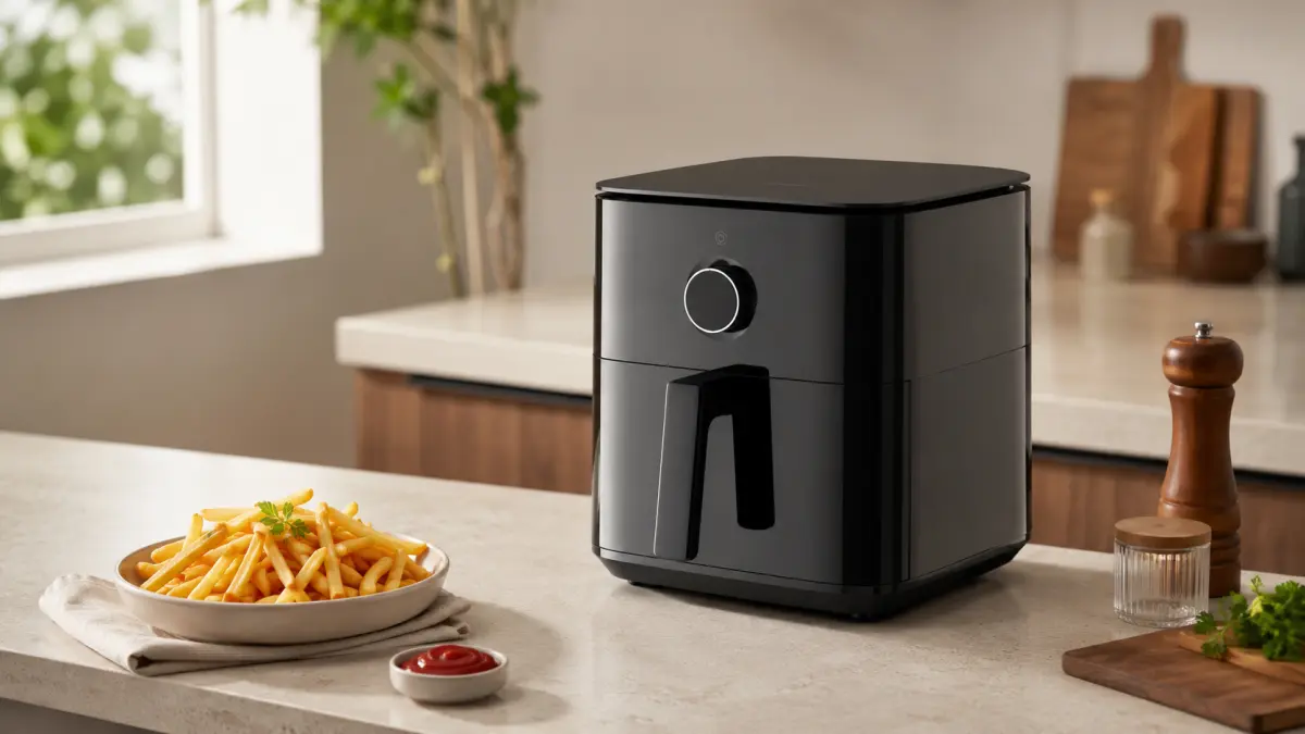 Freidora de aire negra sobre la encimera de la cocina junto a un plato de patatas fritas y salsa.