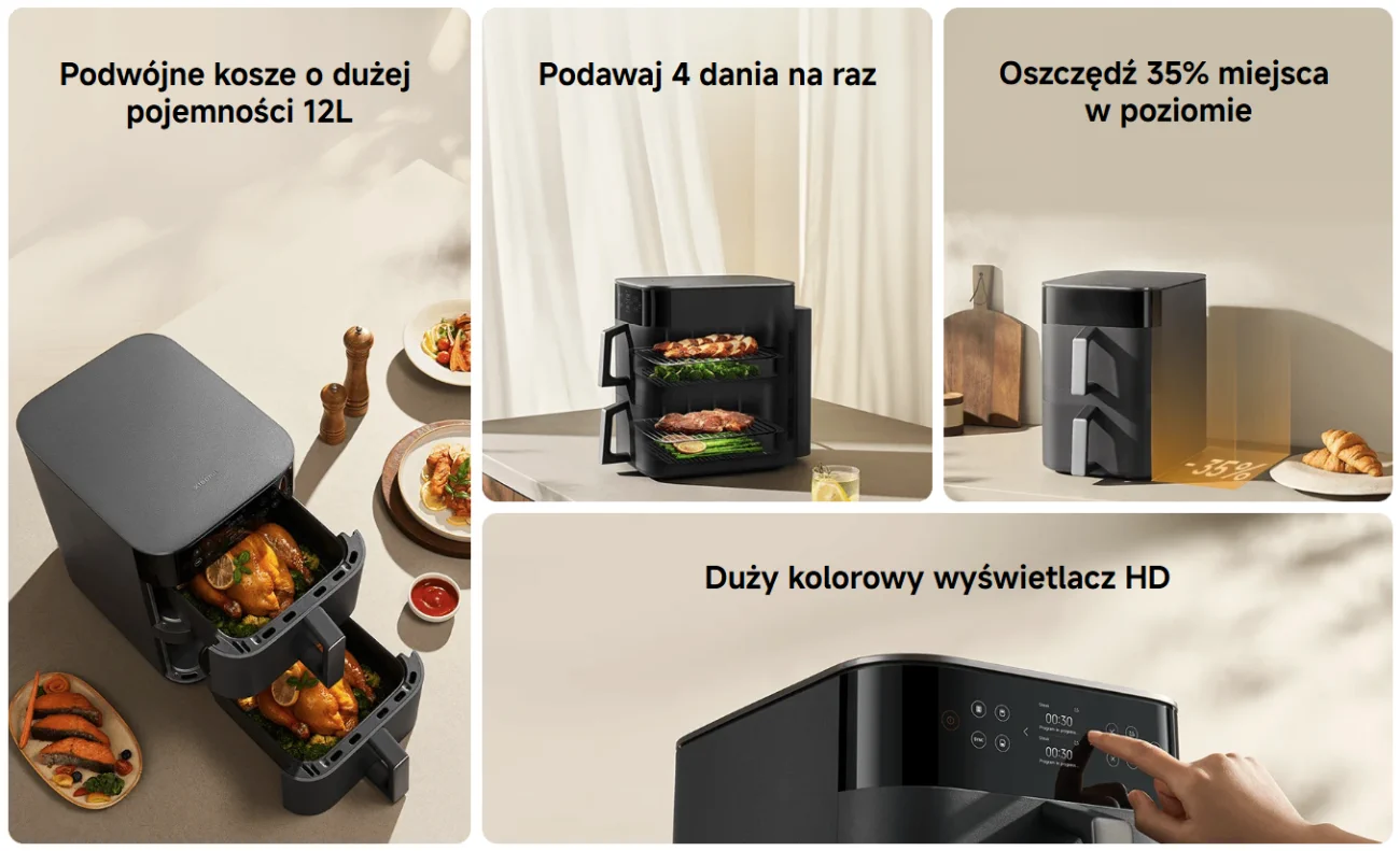 Collage showing the Xiaomi air fryer features: two baskets with chicken, four cooking levels and a touch HD screen