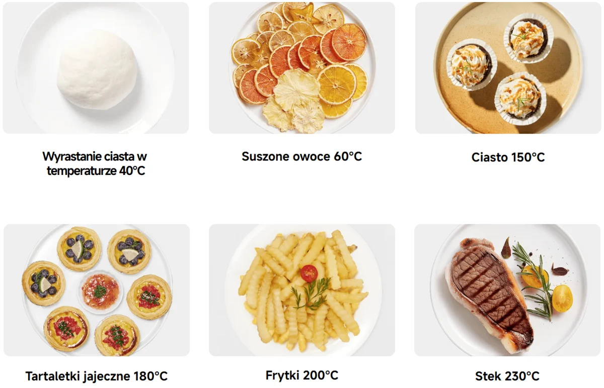 Six tiles showing dishes: cake, dried fruit, muffins, tartlets, chips and steak with temperature labels