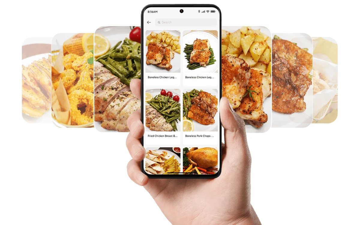 A smartphone held in hand with the Xiaomi Home app open, showing a gallery of air fryer recipes