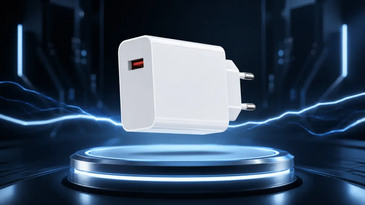 Белое сетевое зарядное устройство USB-A с европейской вилкой на футуристическом синем фоне
