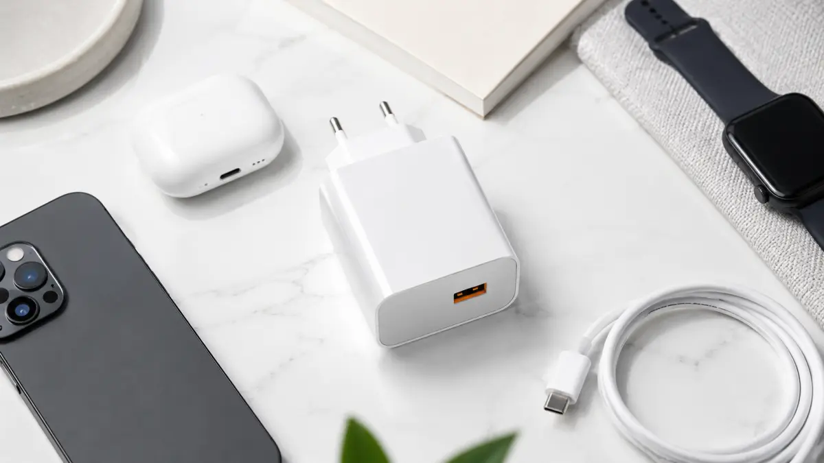 Белое сетевое зарядное устройство с кабелем USB-C рядом с телефоном, наушниками и смарт-часами