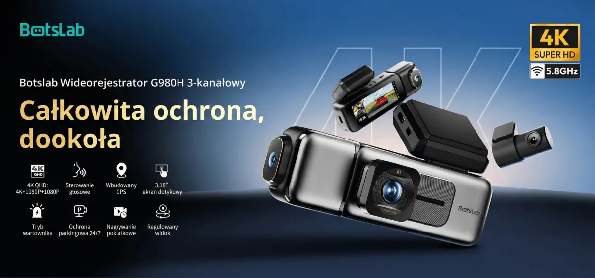 Trzy elementy wideorejestratora samochodowego Botslab G980H 3-kanałowego