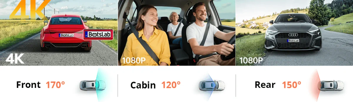 Trzy panele pokazujące kąty widzenia kamer: przednia 170°, wewnętrzna 120° z pasażerami, tylna 150°